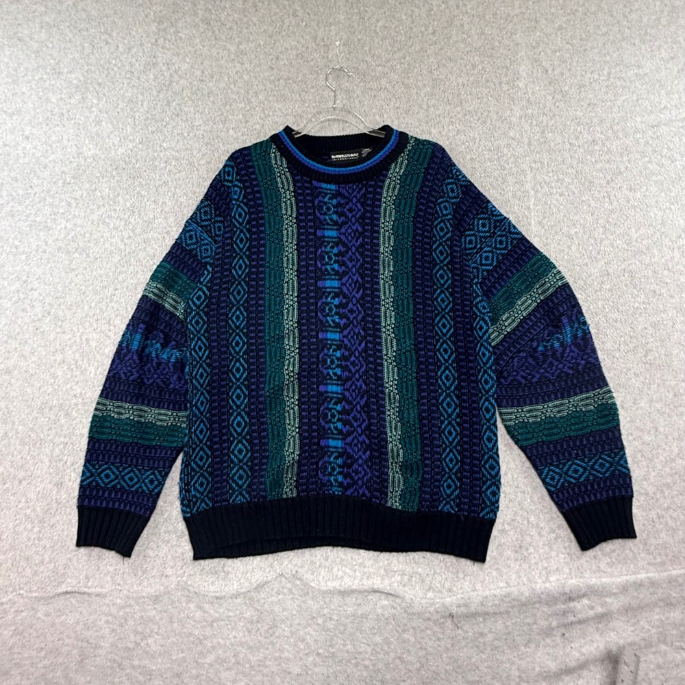Expressions Vintage  Sweater Mens Large Blue Geometric Abstract Knit 90s